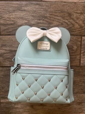 Loungefly Mint Green Quilted Minnie Ear Mini Backpack with White Bow